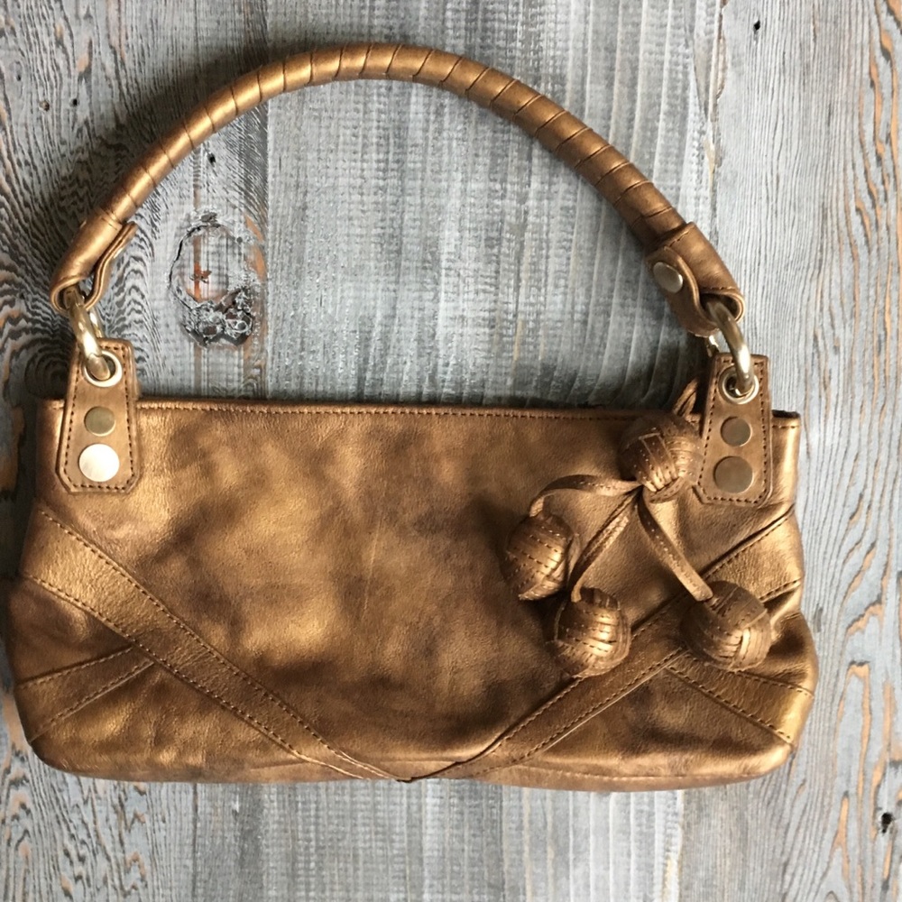 Bronze leather hand bag braided basket handle
